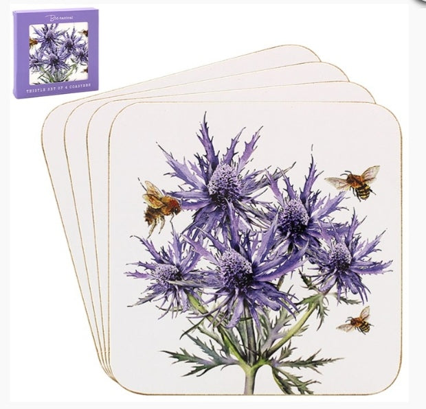 Set Of Four Scottish Thistle And Bee Coasters