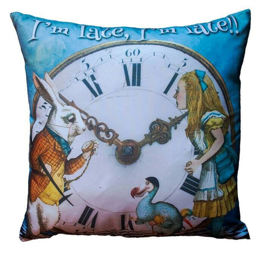 Alice in Wonderland 'Im Late Im Late!' Decorative Scatter Cushion.