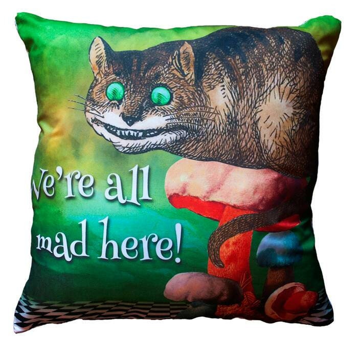 Alice in Wonderland 'Were All Mad Here!' Decorative Scatter Cushion Cheshire Cat