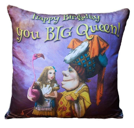 Alice in Wonderland 'Happy Birthday You Big Queen!' Decorative Scatter Cushion.