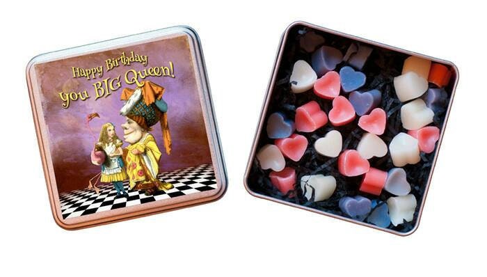 Alice in Wonderland 'Happy Birthday You Big Queen!' Tin of Heart Shaped Eco Mini Wax Melts.