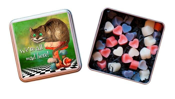 Alice In Wonderland 'Were All Mad Here!' Tin of Heart Shaped Eco Mini Wax Melts.